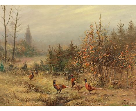 Lorenz, Willi (1901-1981), "Fasane in einer Herbstlandschaft", Öl/Lwd., 60 x 80, unten rechts signiert, R. 