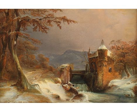 Hilgers, Carl (1818-1890), "Winter an der Wassermühle", Öl/Lwd., 21 x 30, unten rechts schwach leserlich signiert und "43" da