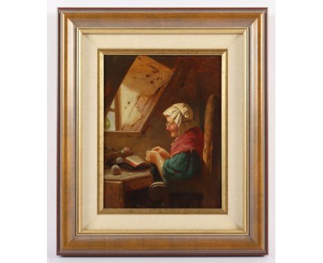 Maler um 1900, "Bei der Handarbeit", Öl/Lwd., 27,5 x 21,5, R. 