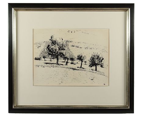 Morgner, Michael, "Mann unter Bäumen", Tusche/Papier, 36 x 48, monogrammiert und datiert '73, R. 