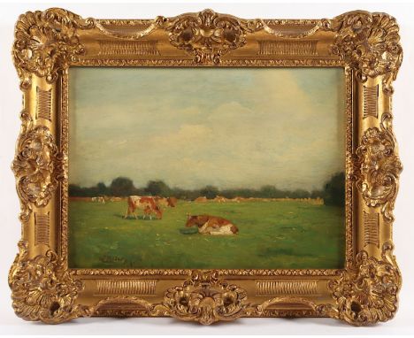 RÖDER, Carl (1852-1922), "Landschaft mit Kühen", Öl/Holz, 33 x 44, parkettiert, unten links signiert, R. 