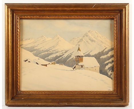 Kessler, Carl (1876-1968), "Blick auf das verschneite Bergkirchli bei Arosa", Aquarell/Malkarton, 50 x 65, besch., unten rech