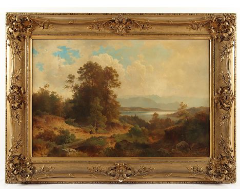 Maler des 19.Jh., "Landschaft mit Gewässer", Öl/Lwd., 62 x 94, unten rechts unleserlich signiert, R. 