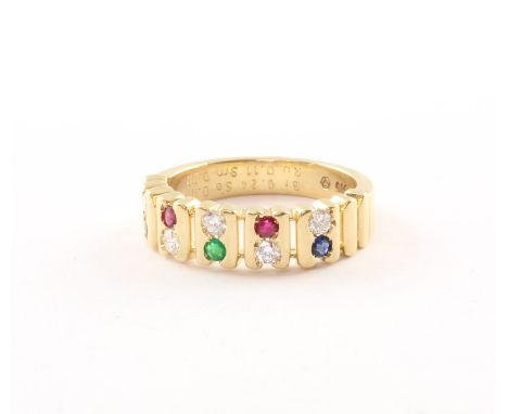 RING, 585/ooo Gelbgold, besetzt mit Rubin (0,11 ct.), Smaragd (0,06 ct.), Safir (0,09 ct.) und Brillanten von zusammen ca. 0,