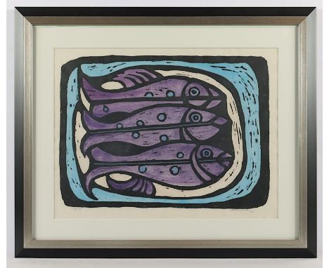 Vordemberge, Friedrich, "Fische", Original-Holzschnitt, aquarelliert, 33 x 44, nummeriert 37/50, handsigniert, R. 