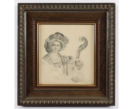 Zeichner des 19.Jh., "Portrait einer jungen Frau mit Turban und Laute", Bleistift/Papier, 21 x 19, R. 