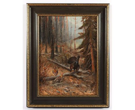 Lorenz, Willi (1901-1981), "Herbstwald mit Auerhahn und zwei Hennen", Öl/Platte, 40 x 30, unten links signiert, R. 