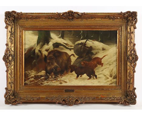 Deiker, Carl (1879-1958), zugeschrieben, "Keiler mit zwei Jagdhunden", Öl/Lwd., 31 x 50, R. 