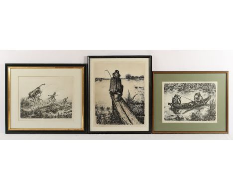 WEBER, A.Paul, drei Arbeiten u.a. "Angler", Original-Lithografie, bis ca. 50 x 41, handsigniert (zwei mit Signatur-Stempel), 