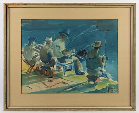 Engel, Hans Linus (1921-1997), "Angler am See", Aquarell/Papier, 46 x 62 (Passepartoutausschnitt), unten rechts signiert, R. 