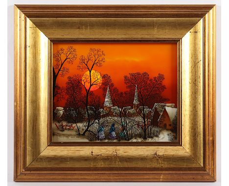 Farkas, Laszlo (Ungarn 2.H.20.Jh.), "Dorf in winterlicher Abendsonne", farbige Malerei/Glas, 20 x 25, unten links signiert, R