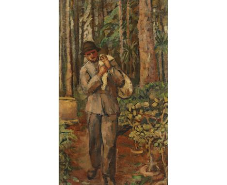 Maler um 1920/30, "Arbeiter im Regenwald", Öl/Lwd., 110 x 67, besch., verso ein weiteres Gemälde, "Abstrakte Stadtansicht", d