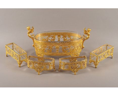 Set aus fünf Schalen, Bronze, vergoldet, leicht unterschiedlich, Dm 34, H 18 und kleiner, Glaseinsatz, Frankreich, um 1870 