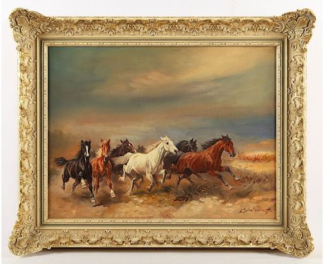 Scheloumoff, Afanasij Ivanovic (1892-1983), "Wildpferde in der Steppe", Öl/Lwd., 45 x 60, unten rechts signiert, R. 