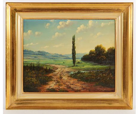 Levente, Bihari Puhl (genannt Levi, *1957), "Landschaft mit Zypresse", Öl/Platte, 40 x 50, unten rechts signiert, R.  