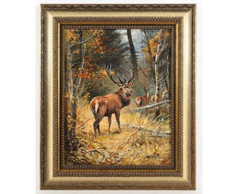 Lorenz, Willi (1901-1981), "Hirsch auf einer Lichtung", Öl/Lwd., 50 x 40, unten rechts signiert, R. 