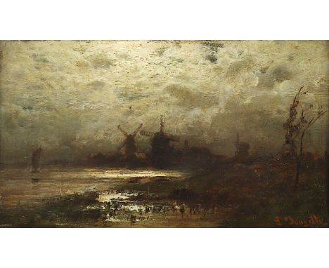 Douzette, Carl Ludwig Christoph (1834-1924), "Windmühlen im Mondlicht", Öl/Holz, 9 x 16, unten rechts signiert, R. 