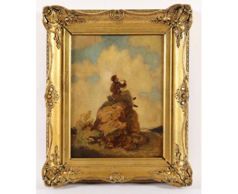 Plückebaum, Carl (1880-1952), "Hornspieler auf einem Felsen", Öl/Holz, 32 x 24, besch. und rest., unten rechts signiert, R 