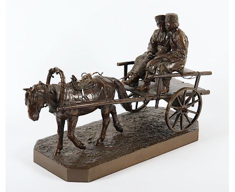 Wolff, Albert Moritz (1854-1923), "Kosakisches Liebespaar auf Einspänner", Bronze, L 32, auf der Plinthe kyrillisch signiert 