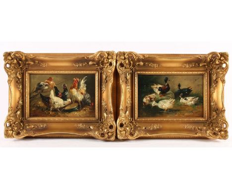 GEFLÜGELMALER UM 1900, "Zwei Gemälde mit Federvieh", Öl/Holz, 18 x 27, jeweils unleserlich signiert, R. 