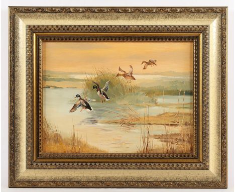 Lorenz, Willi (1901-1981), "Landende Stockenten in einer Moorlandschaft", Öl/Platte, 30 x 40, unten rechts signiert, R. 