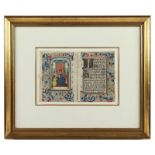 Doppelseite aus einem Stundenbuch, koloriert, auf Pergament, Brügge, 15.Jh., gerahmt
