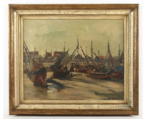 Hambüchen, Wilhelm (1869-1939), "Fischerboote bei Ebbe", Öl/Malkarton, 40 x 50, unten rechts signiert, R. 