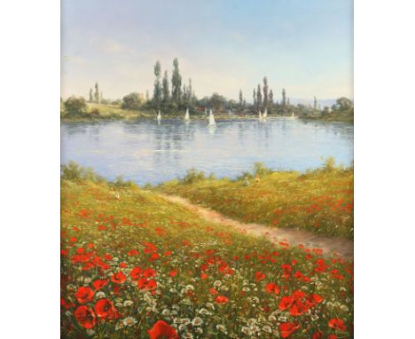 Rahn, Detlev (*1943), "Sommerlicher Tag an einem See", Öl/Lwd., 80 x 70, unten rechts signiert, R. 
