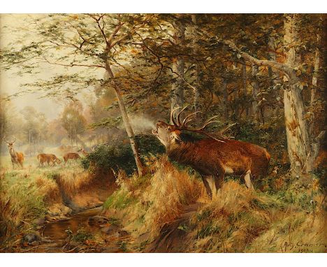 Cramer, Arthur (Jagdmaler A.20.Jh.), "Röhrender Hirsch", Öl/Lwd., 80 x 108, unten rechts signiert und "1923" datiert, R. 