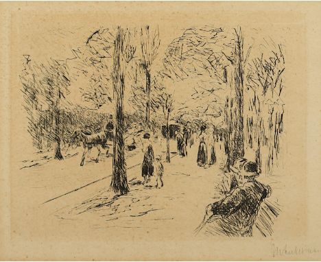 Liebermann, Max (1847-1935), "Straße im Tiergarten", Original-Radierung, 22 x 29, handsigniert, 1922, fleckig, R. 
