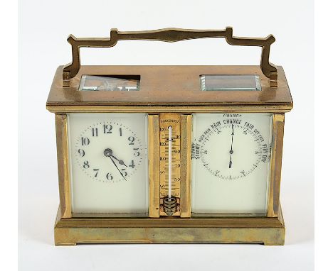 Reiseuhr mit Barometer und Thermometer, Messinggehäuse, allseitig facettiert verglast, Werk gangbar, L 16, England, um 1900 