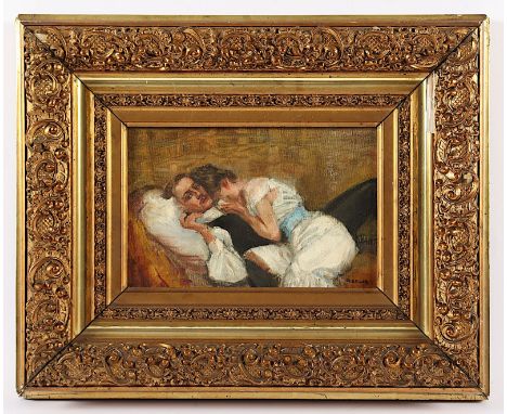 Edler, R. (Maler um 1900), "Ruhendes Paar", Öl/Lwd., 16,5 x 24, unten rechts signiert, R.  