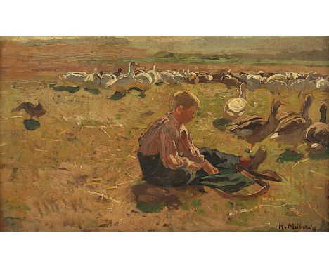 Mühlig, Hugo (1854-1929), "Junge mit Gänsen", Öl/Malkarton, 16 x 26, unten rechts signiert, R. 