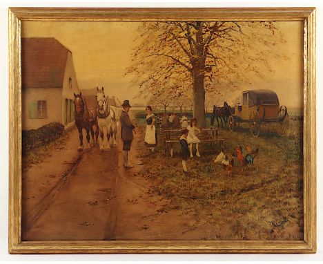 Hartes, Wilhelm (1860-1926), "Vor dem Gasthaus", Öl/Papier, 70 x 89, auf Hartfaser aufgezogen, unten rechts signiert, R. 
