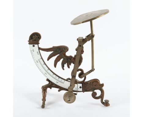 Briefwaage, Fuß Bronze, Metall, emaillierte Skalierung, H 23, besch., deutsch, um 1900 