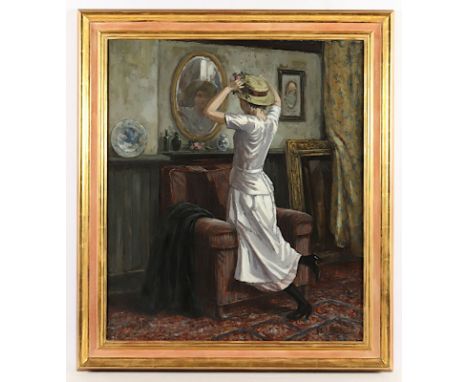 de Korte, Hennie (*1941), "Dame vorm Spiegel", Öl/Lwd., 70 x 60, unten rechts signiert, R. 