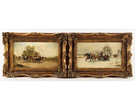 Maler um 1900, Paar Gemälde "Sommer" und "Winter", Öl/Holz, 18 x 31,5, jeweils wohl mit Pseudonymen signiert (J. Wolski und R