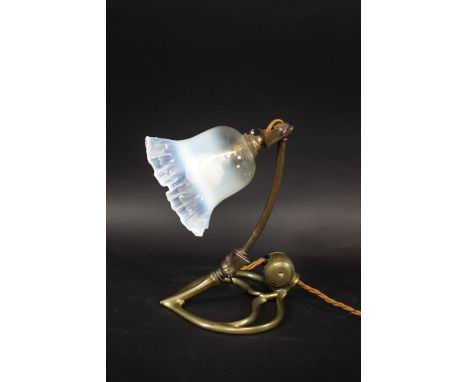 W.A.S BENSON -  ARTS &amp; CRAFTS BRASS TABLE LAMP &amp; GLASS SHADE the brass lamp with a horse shoe shaped base and adjusta