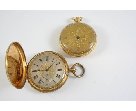 AN 18CT GOLD OPEN FACED POCKET WATCH the foliate engraved dial with Roman numerals, hands missing, with foliate engraved deco
