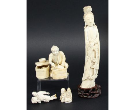 IVORY OKIMONO, later 19th century, of a geisha pouring water from a vase, signature to base, height 20.5cm; together with ano