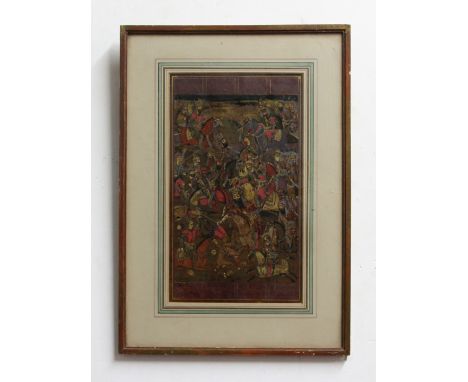 PERSIAN SCHOOL, A Qajar battle scene from the Shanameh, Persia, late 19th Century, gouache beenath lacquer, verso with a four