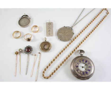 A QUANTITY OF JEWELLERY including a Victorian circular pearl set locket pendant, a 15ct gold stick pin mounted with a circula