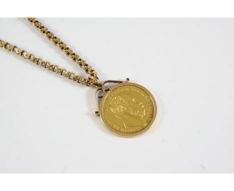 A GERMAN TWENTY MARK COIN 1887, in a 9ct gold pendant mount and on a 9ct gold hammered circular-link chain, total weight 20.9