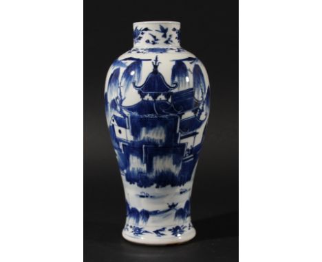 CHINESE BLUE AND WHITE VASE, 19th century, painted with two figures on a bridge between two pavillions, four character Kangxi