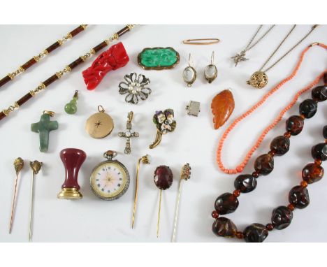 A QUANTITY OF JEWELLERY including a pair of intaglio drop earrings, a graduated coral bead necklace, a marcasite flowerhead b