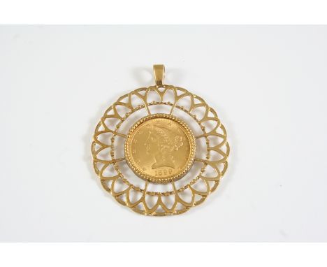 AN AMERICAN FIVE DOLLAR COIN 1899, in a 9ct gold fancy openwork pendant mount, total weight 15.3 grams