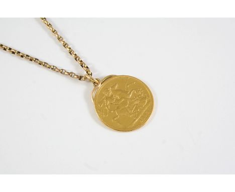 A GOLD TWO POUND COIN PENDANT 1893, mounted as a pendant, on a gold chain, total weight 23 grams 