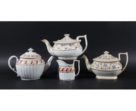 COLLECTION OF ENGLISH PORCELAIN TEAPOTS, 19th century, mainly Spode, Hew Hall and New Hall type, with painted and gilt decora