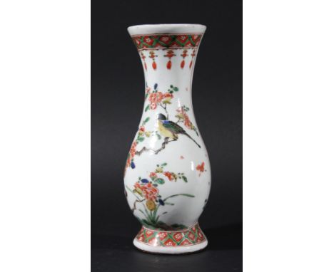 CHINESE FAMILLE VERTE WALL POCKET, probably Kangxi period, of baluster form, enamelled with a finch in flowering branches, he
