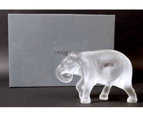 LALIQUE - LARGE SUMATRA ELEPHANT a large crystal glass sculpture of a Sumatra Elephant with trunk down, in a fitted Lalique b